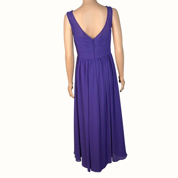 Bill Levkoff Purple Sleeveless Ruched Chiffon Gown With Sheer Neckline & V-Back - Picture 7 of 9